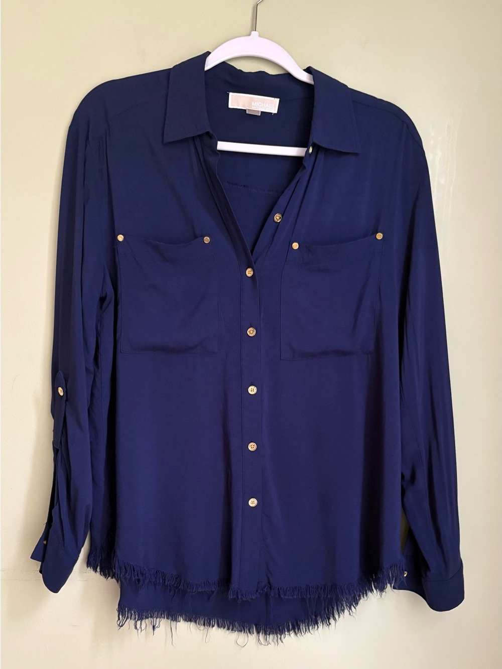 Michael by Michael Kors Navy Button-Front Silky Blouse w/Fringe Hem. Size S